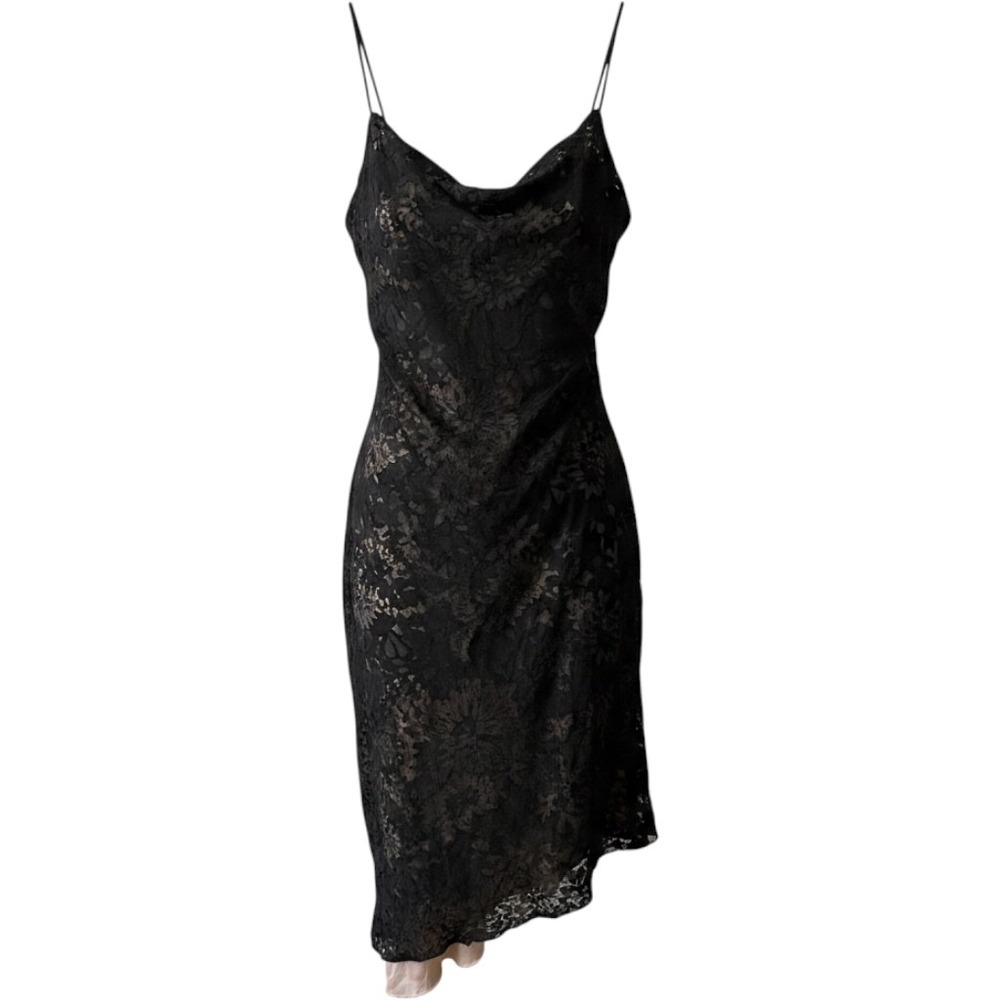New York & Company Black Burnout Floral Cowl Neck Asymmetrical Midi Dress Medium
